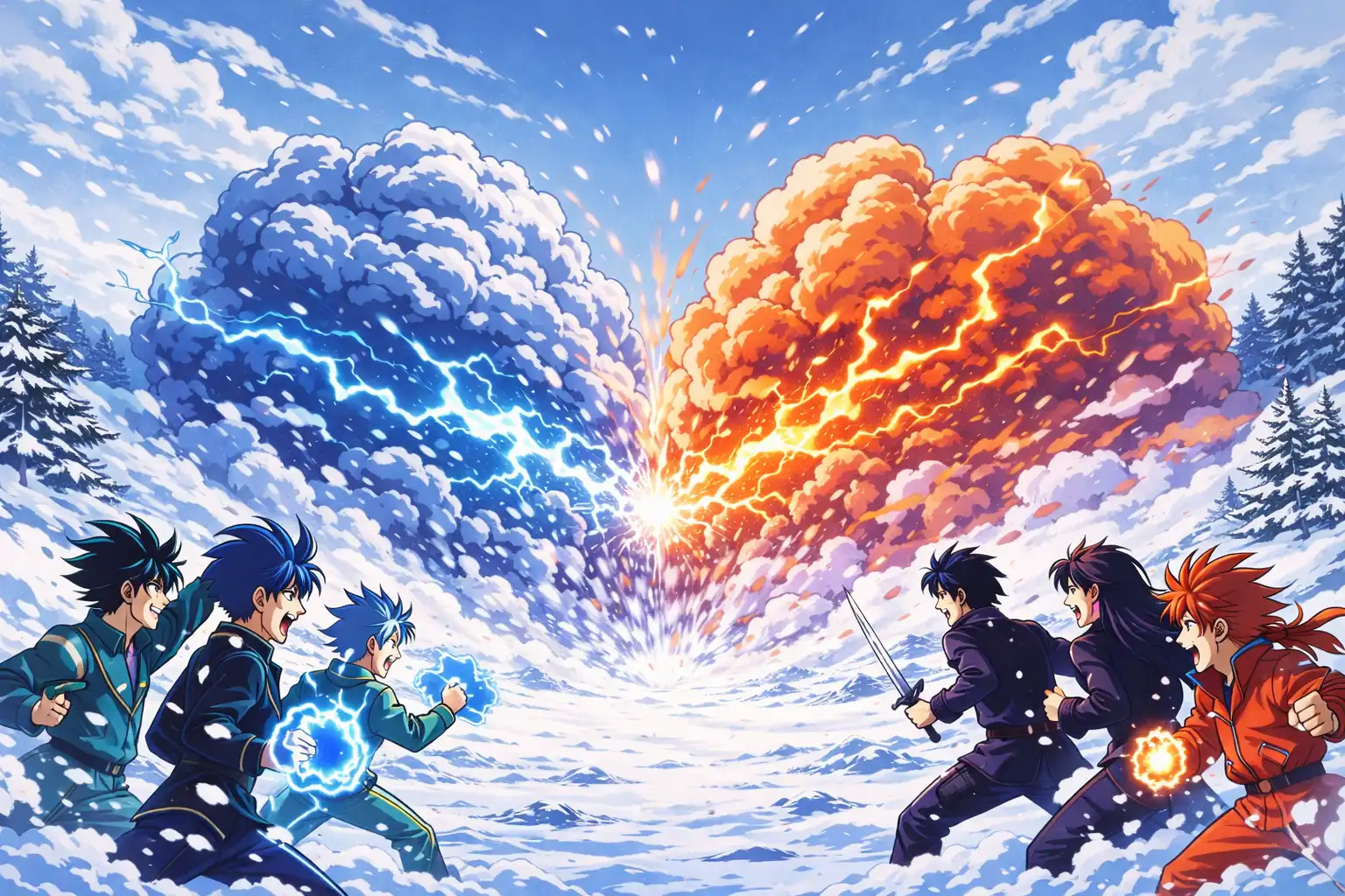 Anime-style 2:1 landscape showing HAVOC members in dramatic battle-cloud lighting facing a current rival across the frame, tense but playful energy, cinematic standoff with humor beneath the conflict